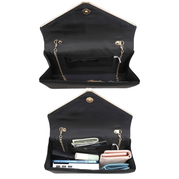 Women's Faux Suede Black Velvet Crossbody Clutch Bag W/ Gold Hardware - Picture 4 of 6